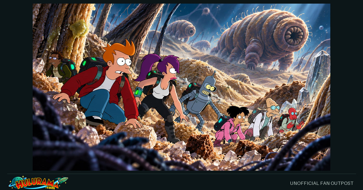 The miniaturized crew explores grain-like terrain beneath a huge worm-like creature.