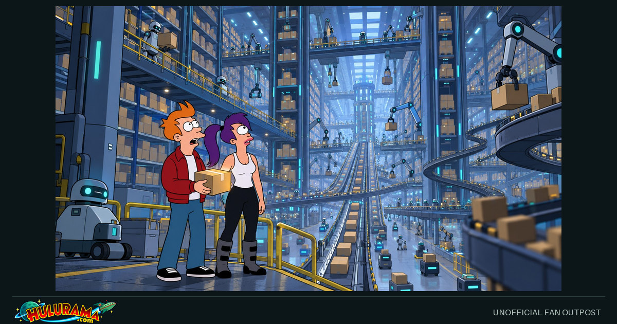 Fry and Leela carry parcels through a vast automated warehouse with towering conveyor belts.