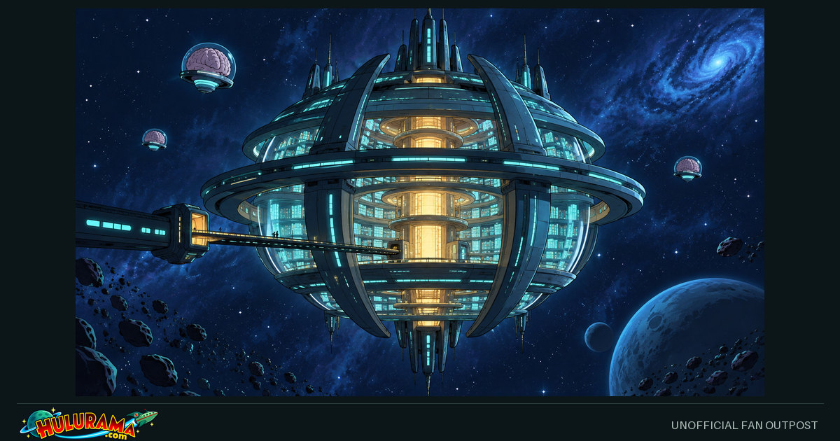 A spherical archive-like structure glows in space beside small floating-brain shapes.