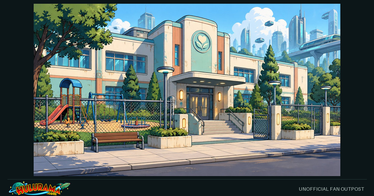 A modest institutional building stands beside a fenced playground in morning light.