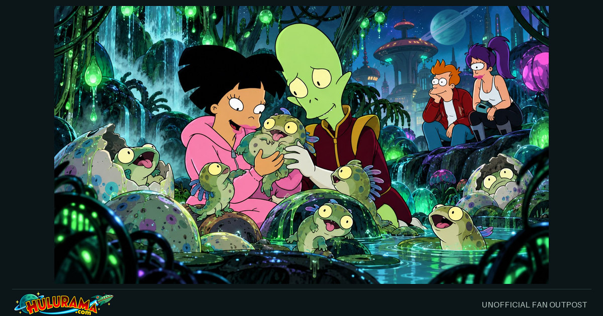 Amy and Kif hold amphibious offspring in a lush alien swamp.