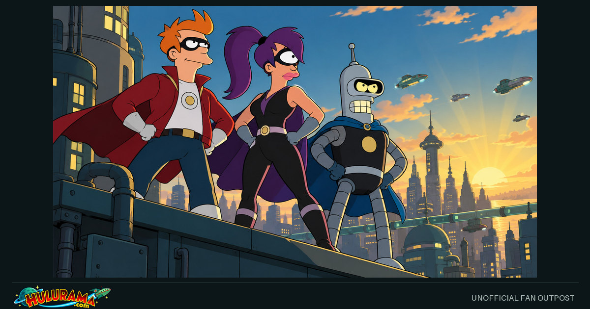 Fry, Leela and Bender pose in superhero costumes on a rooftop.