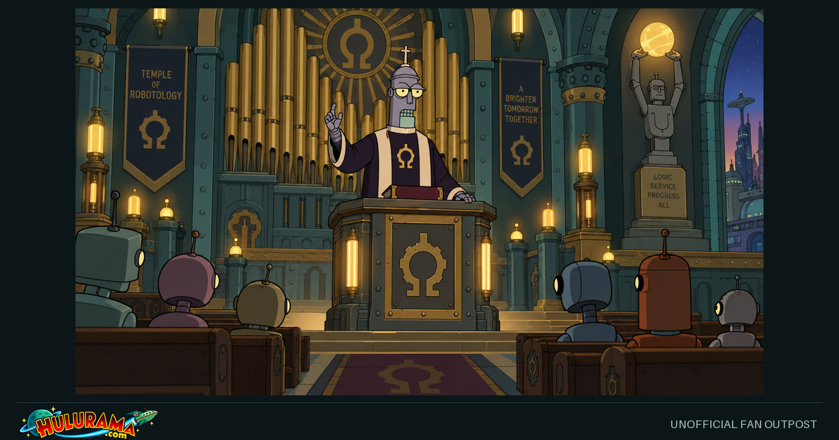 Preacherbot addresses an audience from an illuminated mechanical pulpit.