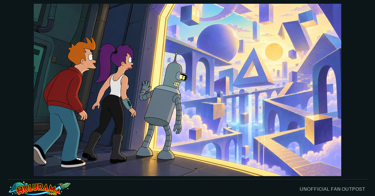Fry, Leela and Bender look through a glowing opening filled with floating geometric forms.