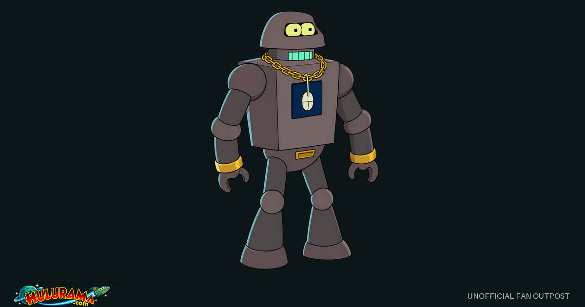 A broad dark robot wears a computer-mouse pendant and gold chain.
